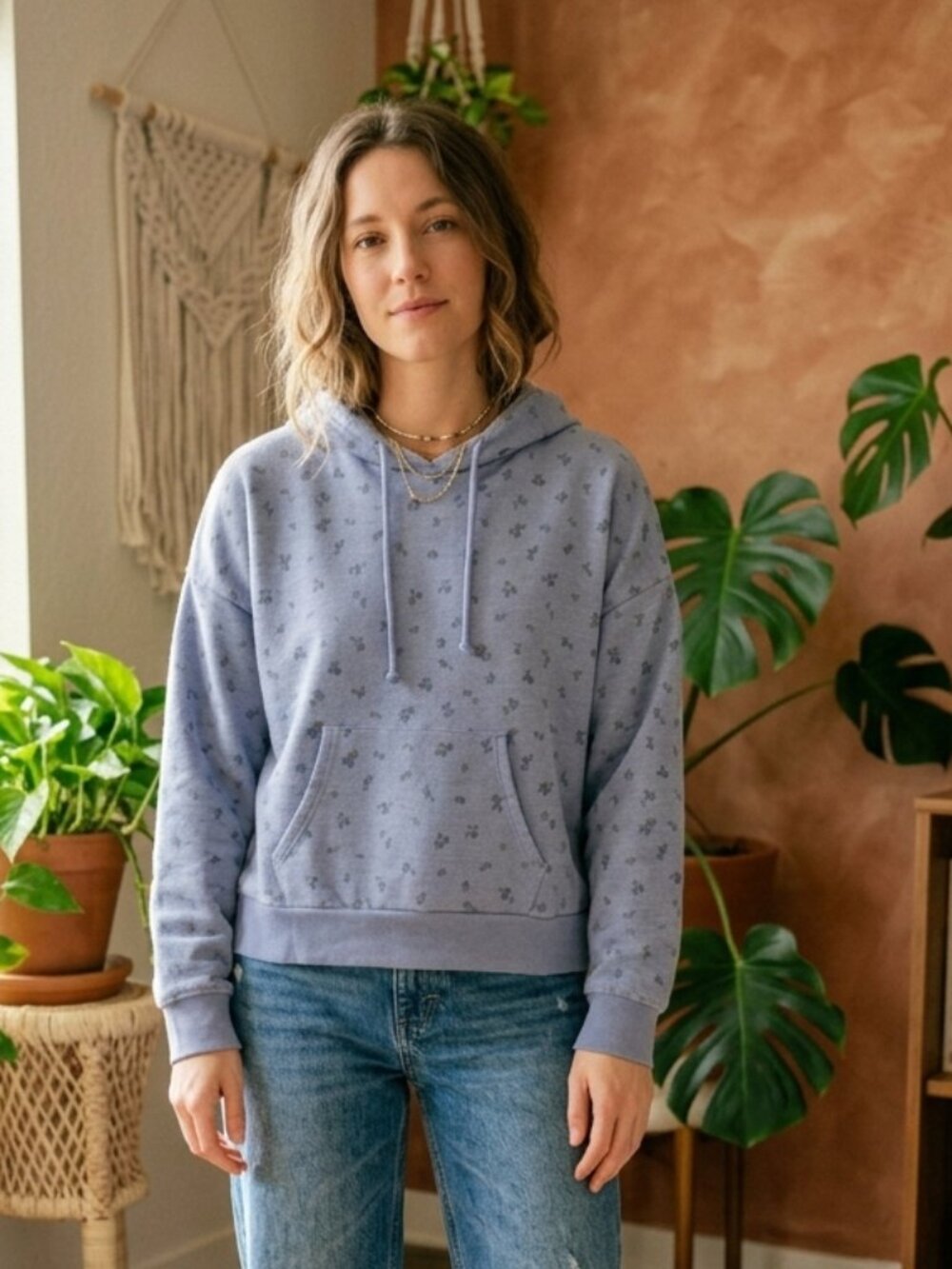 Hippie Rose Floral Hoodie Sweatshirt Boho Pullover Cottagecore Blue Size L